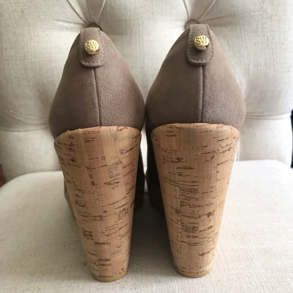 Stuart Weitzman Taupe Suede Cork Platform Wedges